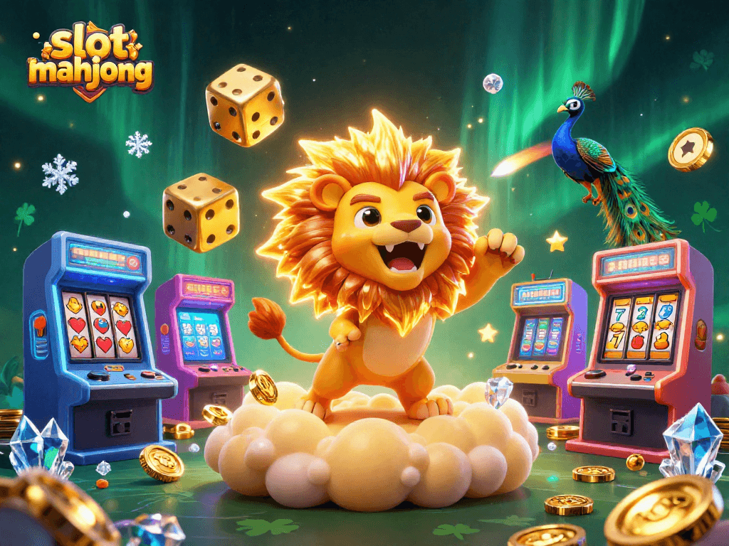 Engage with slot mahjong through vibrant 3D casino illustration showcasing a roaring sun lion amidst colorful game elements.