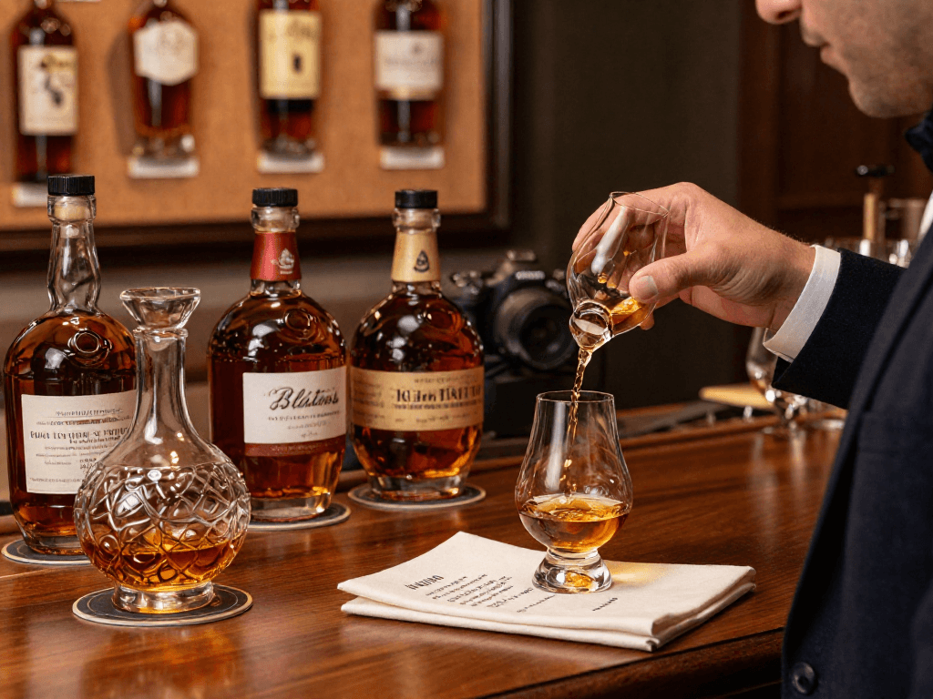 Indulge in Blanton's Whiskey during an elegant tasting session with collectible bottles, tasting notes, and luxury ambiance.