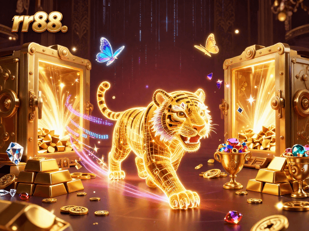 Join the thrilling rr88. experience with a radiant golden tiger amidst a luminous casino backdrop.
