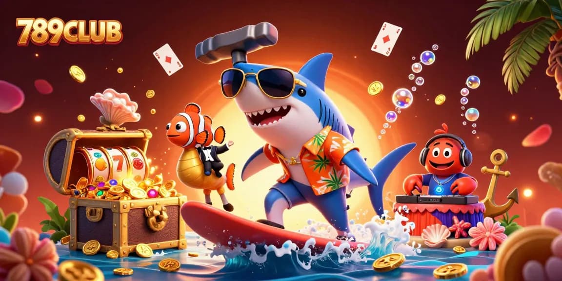 Engage with 789CLUB in a vibrant 3D casino world with a shark amidst golden coins and slot symbols.