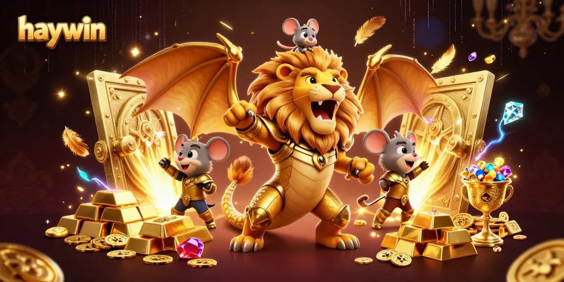 Engage in thrilling gameplay with Haywin's vibrant casino atmosphere featuring a roaring chimera and treasure elements.