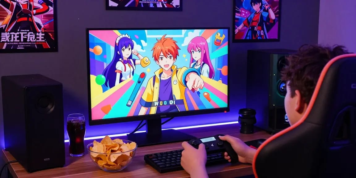 Engaging scene of a player immersed in html ecchi games with vibrant graphics and snacks.