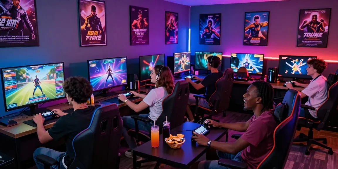 Group of friends enjoying real porn games in a vibrant gaming lounge with colorful LED lighting.