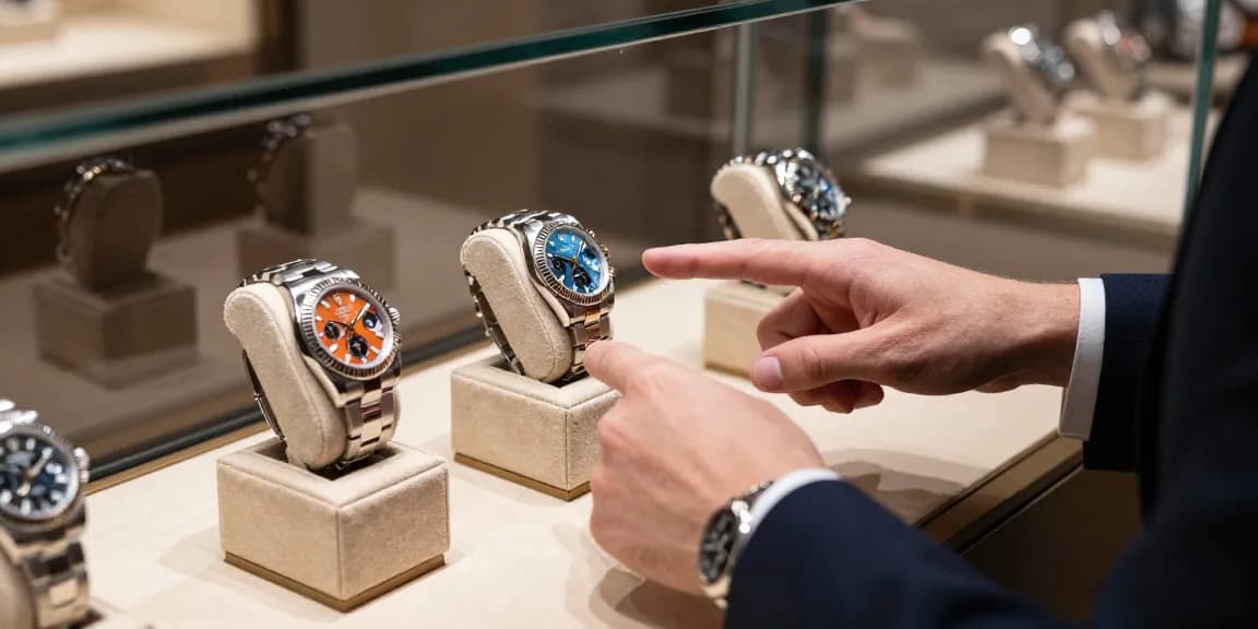 Examining rolex super clone watches in a luxury store with elegant atmosphere.