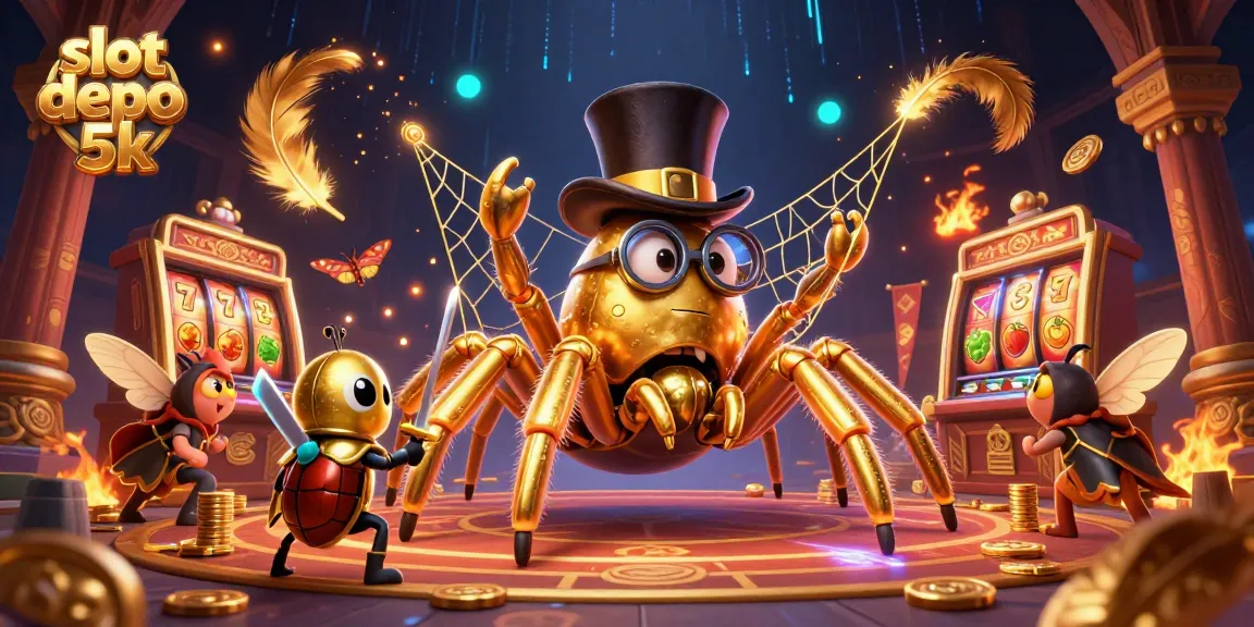 Witness the excitement in a vibrant slot depo 5k scene with a golden tarantula and beetle knight.