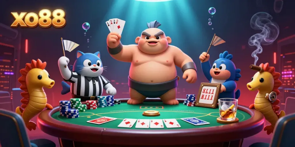 Engage with exciting ao88 gambling action featuring a lively underwater poker scene showcasing a blowfish sumo wrestler and catfish referee.