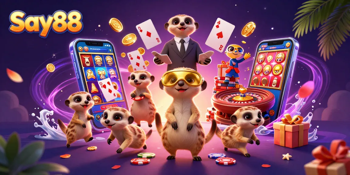 Say88 meerkats manage a vibrant casino with colorful games and dynamic action in a cartoon scene.