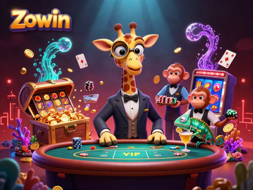 Zowin captivates players with vibrant casino scene featuring a high-roller giraffe and dynamic game elements.