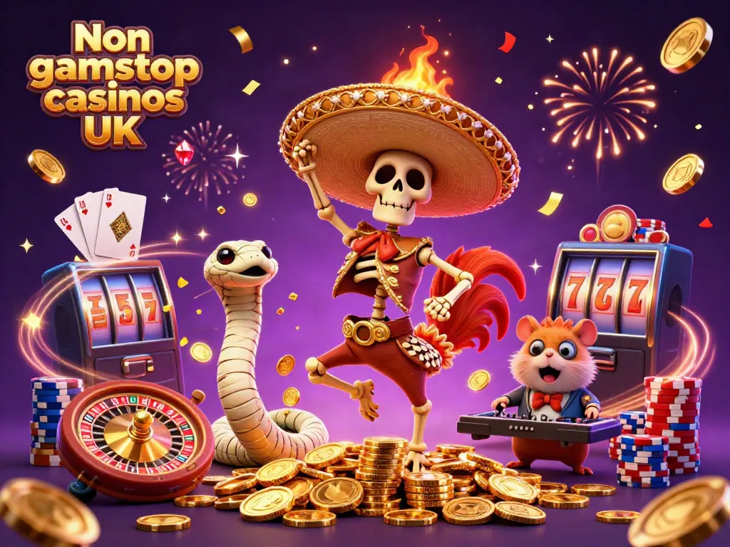Engage with the vibrant scene showcasing Non gamstop casinos UK featuring lively characters and dynamic casino elements.