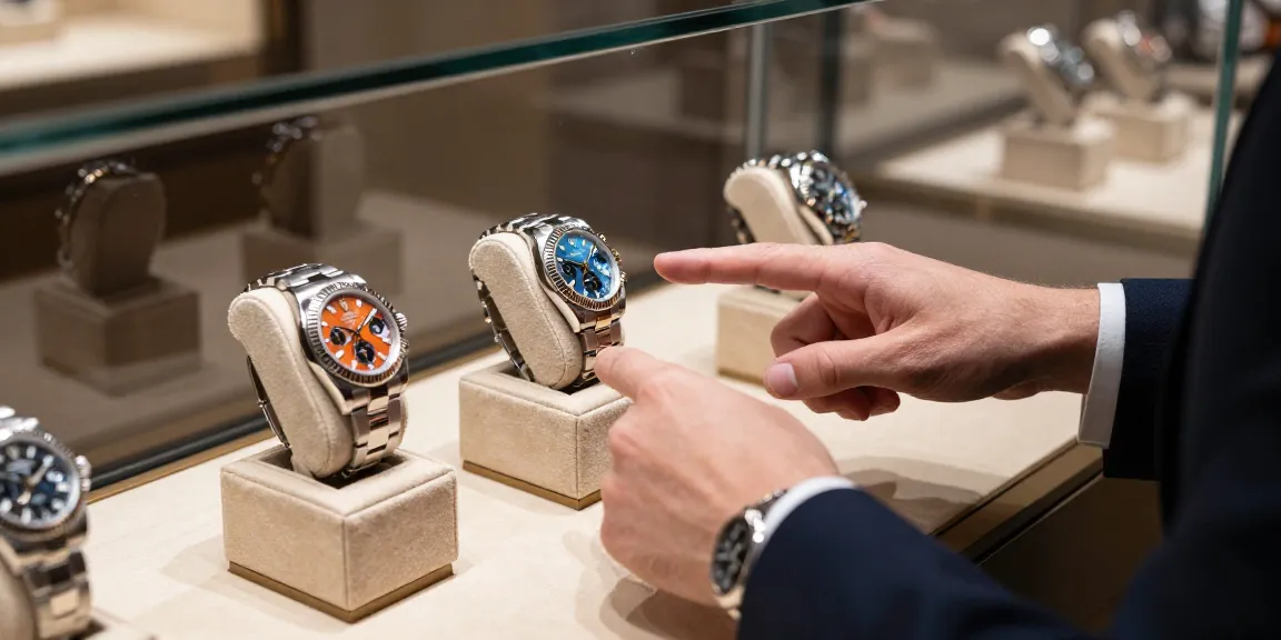 Examining rolex super clone watches in a luxury store with elegant atmosphere.