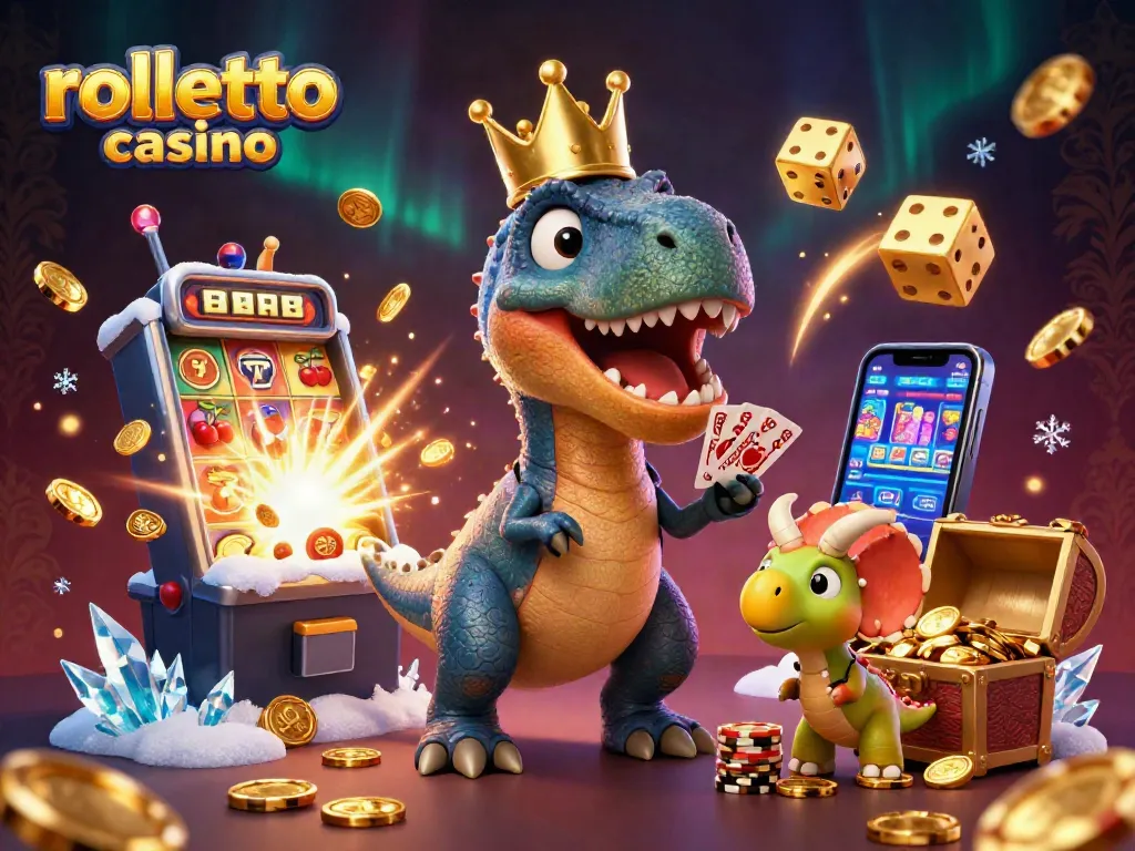 Experience thrills at the rolletto casino with a fun T-Rex card game scene and vibrant winning symbols.