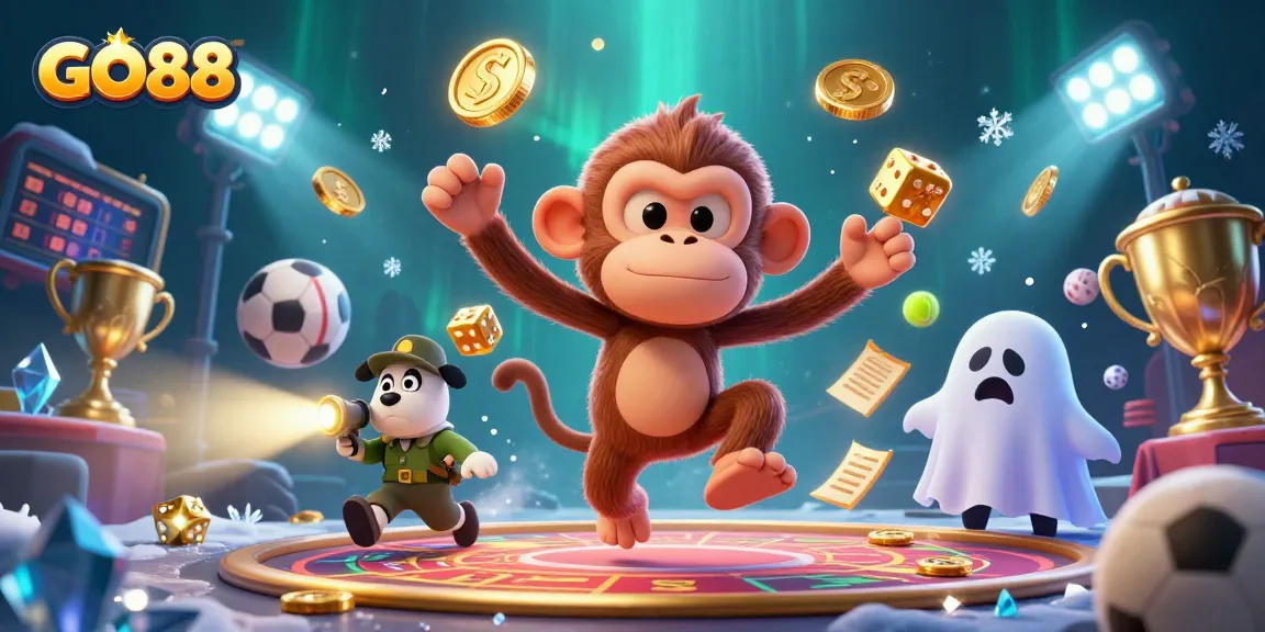 Catch GO88's playful poltergeist monkey juggling golden casino elements in a haunted setting while a curious puppy tracks it.