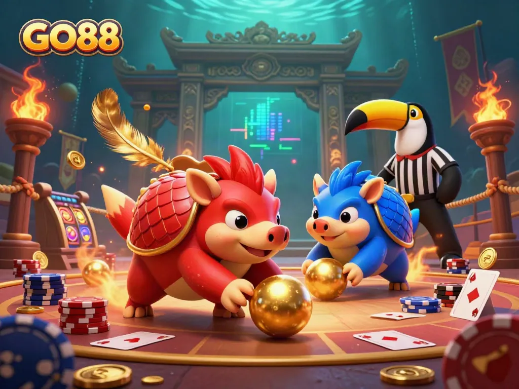 Engage in thrilling games with GO88 as pangolins compete amidst poker chips and golden tokens.