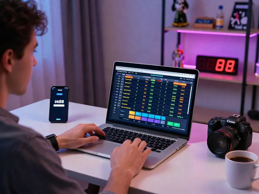 Excited player engaging with Uk88 online betting platform in a modern home office.