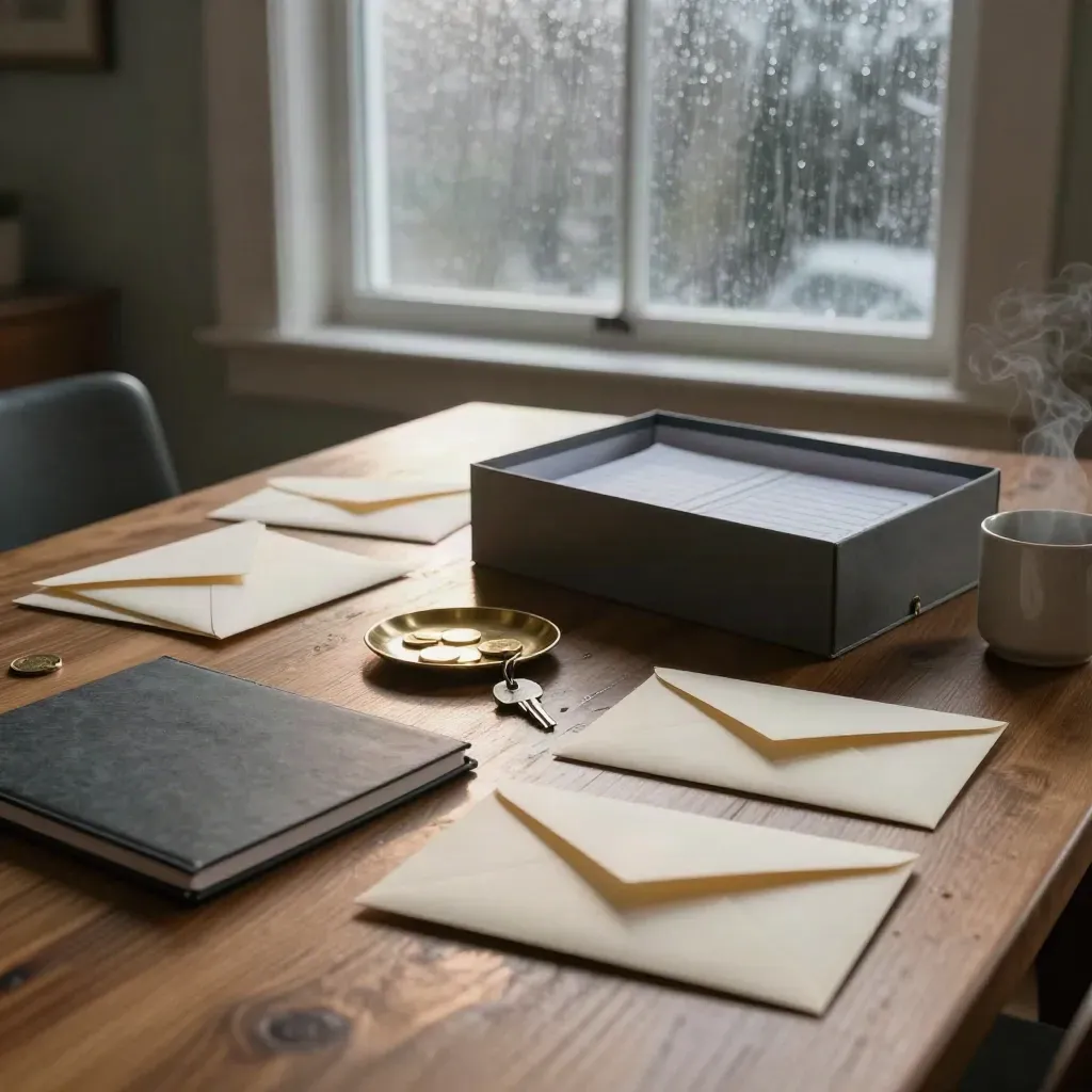 Oak table with envelopes, archive box, key and coins in rain-lit morning haze.