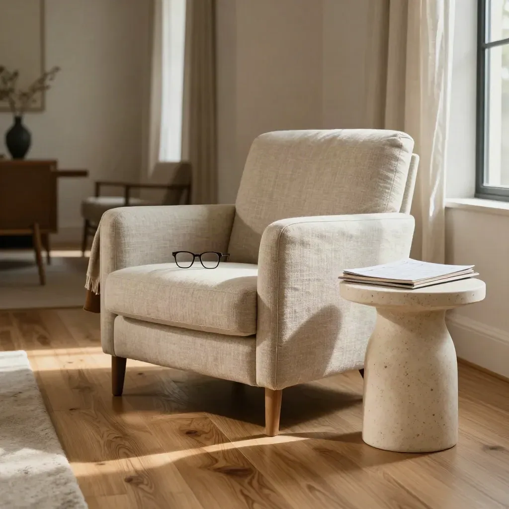 Sunlit living room with chair, glasses, folder and side table in warm afternoon light.