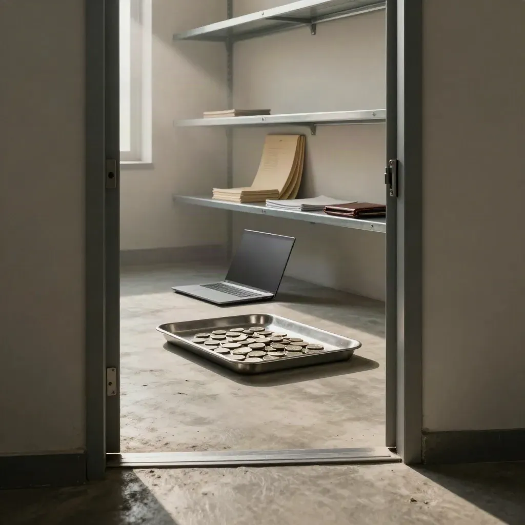 Industrial office doorway with coins tray, shut laptop and blurred folders in cool dawn haze.