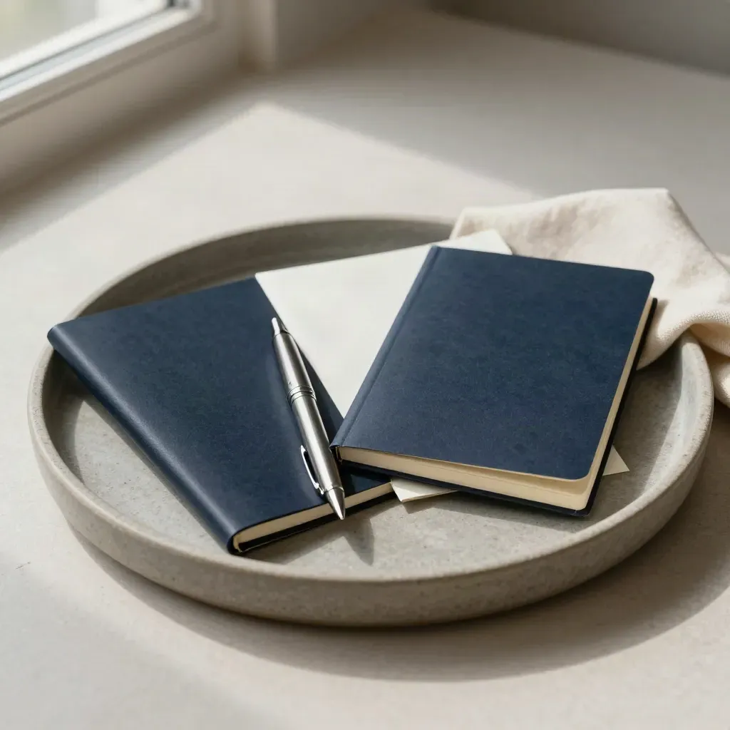 Navy notebook, fountain pen and archive sleeves on a ceramic tray with soft morning light.
