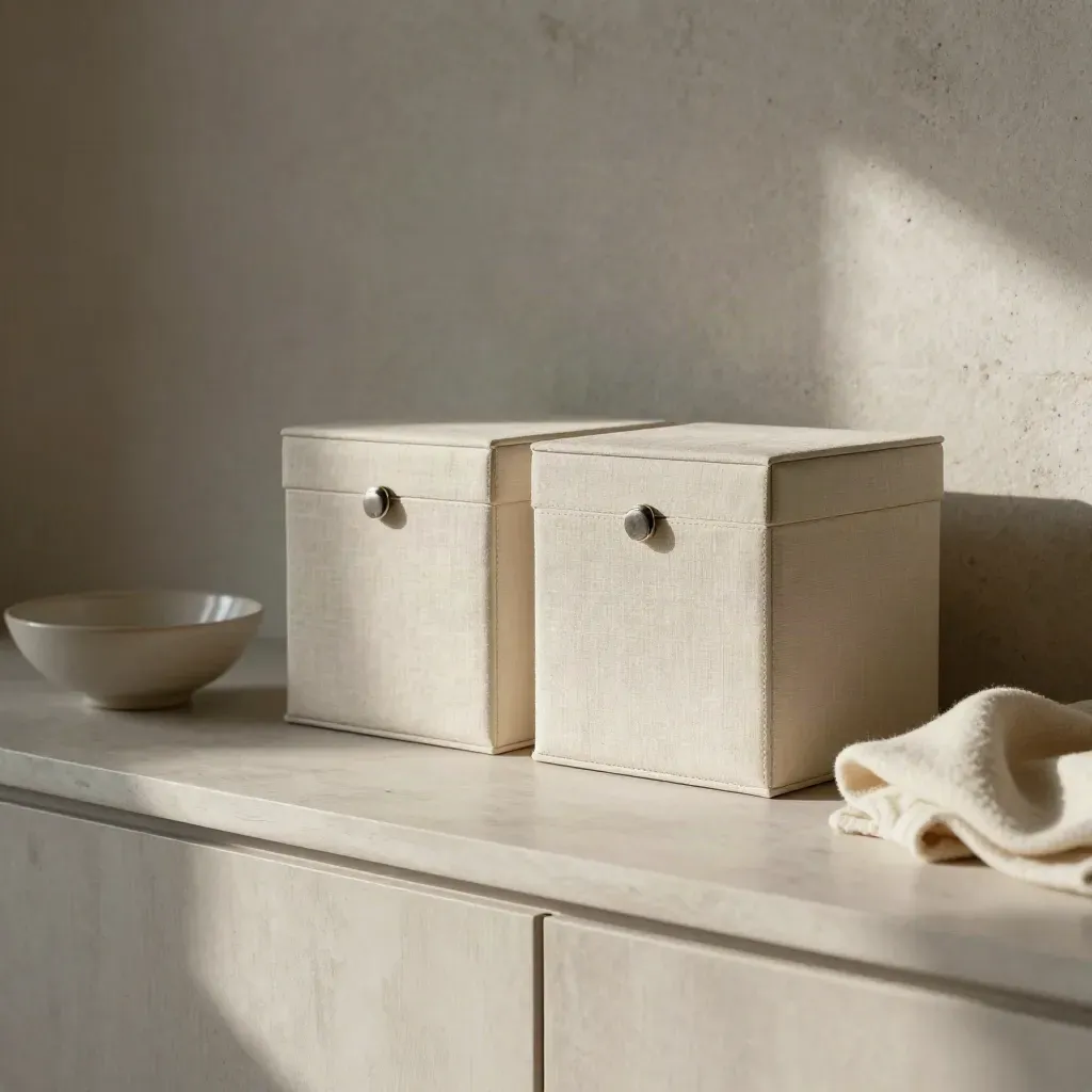 Two keepsake boxes, ceramic bowl and cream throw on a pale sideboard in soft afternoon light.