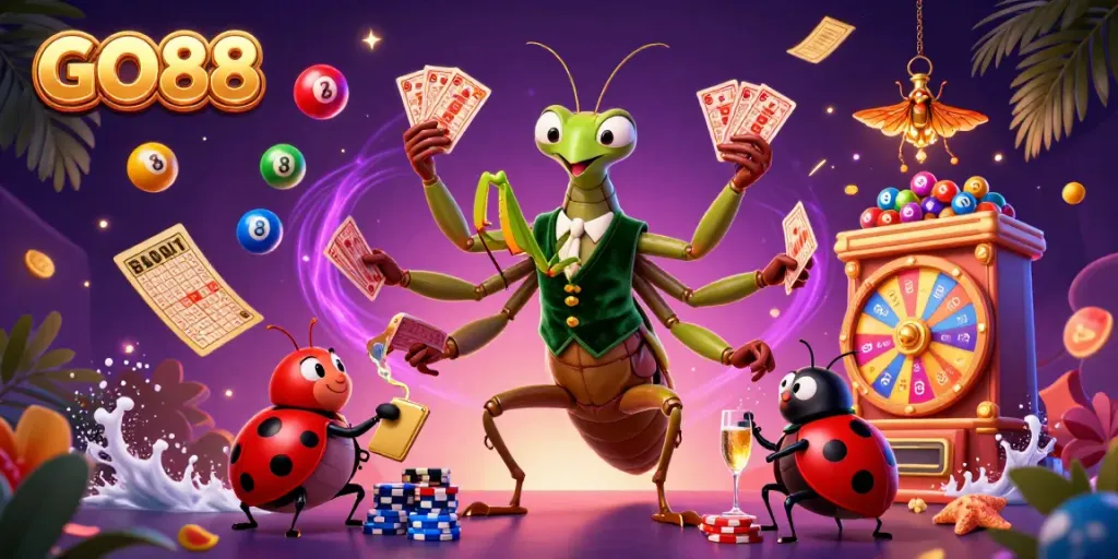 Experience the thrill of GO88 with a giant praying mantis card sharp and ladybug pit boss in a vibrant casino scene.