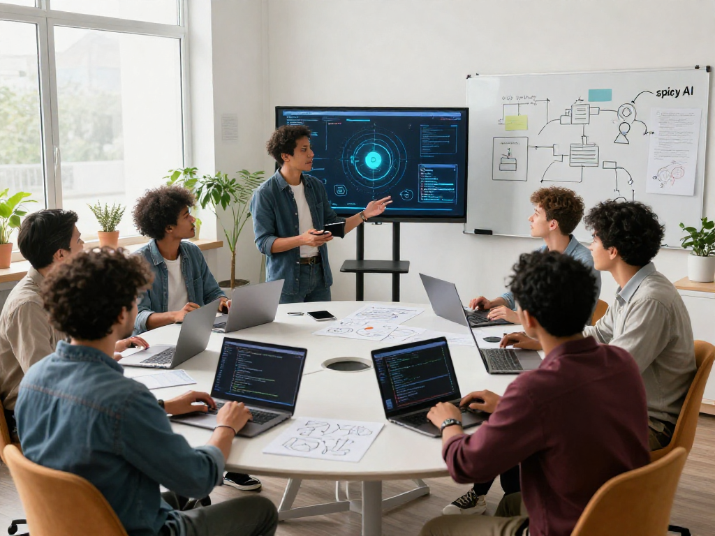 AI developers collaborating on spicy AI applications in a bright tech workspace.