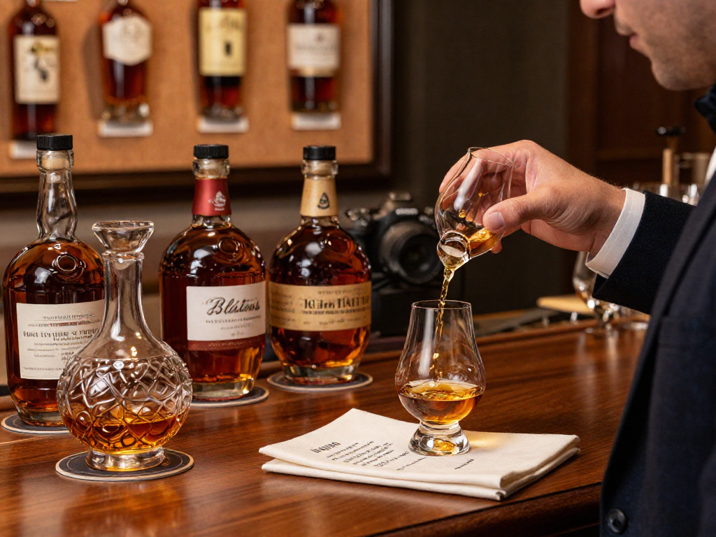 Indulge in Blanton's Whiskey during an elegant tasting session with collectible bottles, tasting notes, and luxury ambiance.