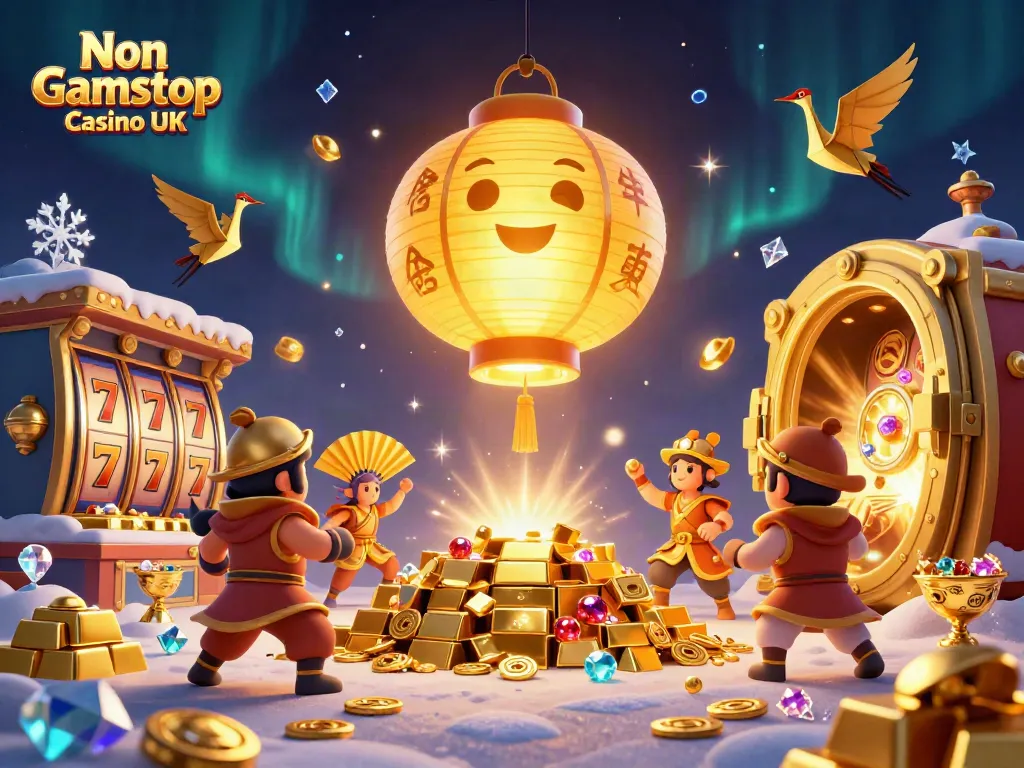 Experience excitement at Non Gamstop Casino UK with treasure and lucky symbols in a vibrant scene.