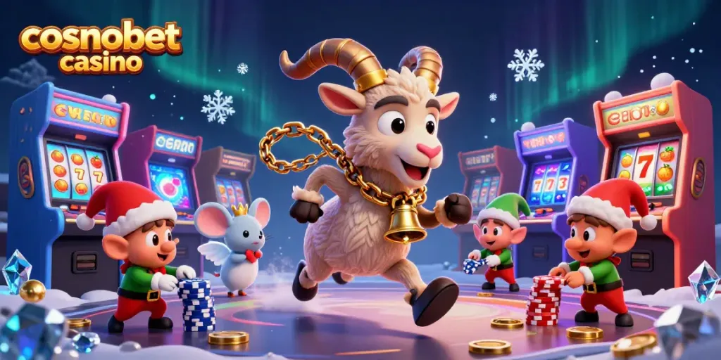 Experience thrill at cosmobet casino with festive 3D Krampus running a thrilling holiday casino scene.