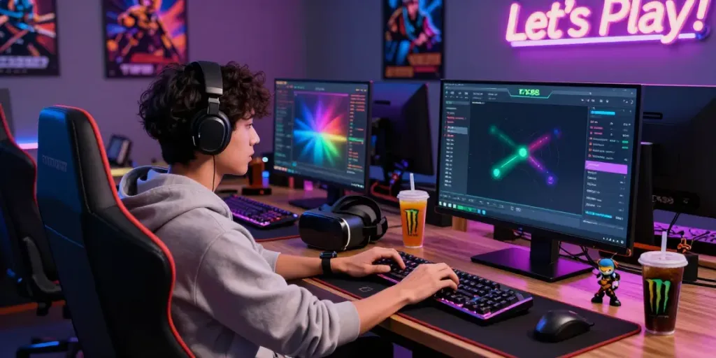 Engaged player on TX88 gaming platform showcasing vibrant gaming accessories and dynamic gameplay atmosphere.