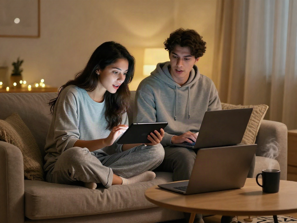 Engaging ai porn chat between a couple in a cozy virtual setting.