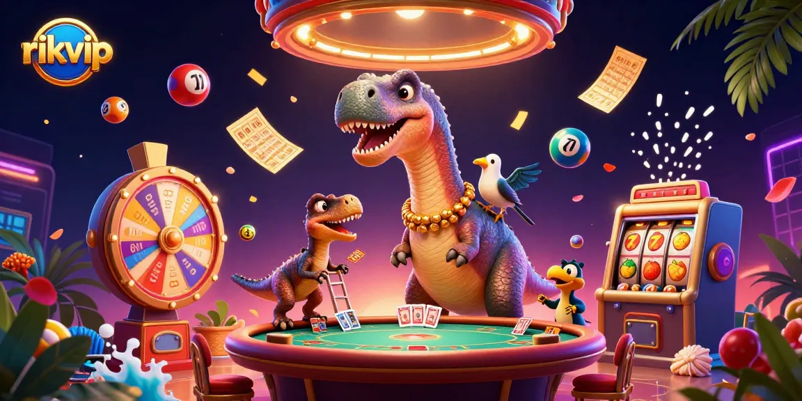 rikvip draws in players with a dazzling 3D illustration of a playful casino scene featuring vibrant elements