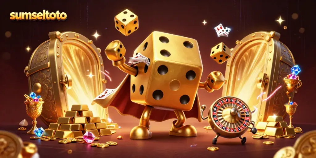 Experience the thrilling sumseltoto casino atmosphere with golden dice, treasure, and excitement.