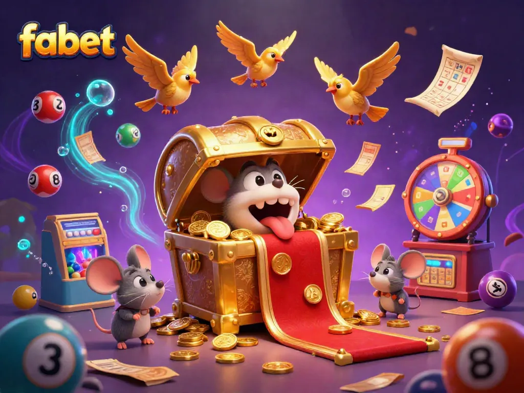 Experience winning at fabet with dynamic lottery elements and colorful casino treasures in an engaging scene.