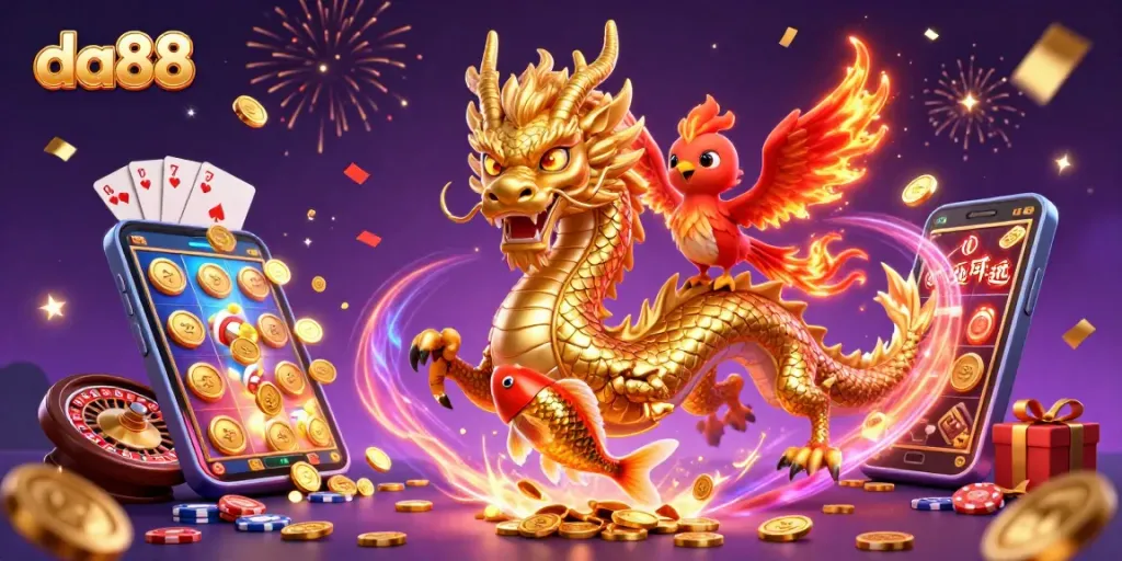 Spin the reels and chase jackpots with da88's animated casino fantasy, featuring golden dragon and lucky koi.