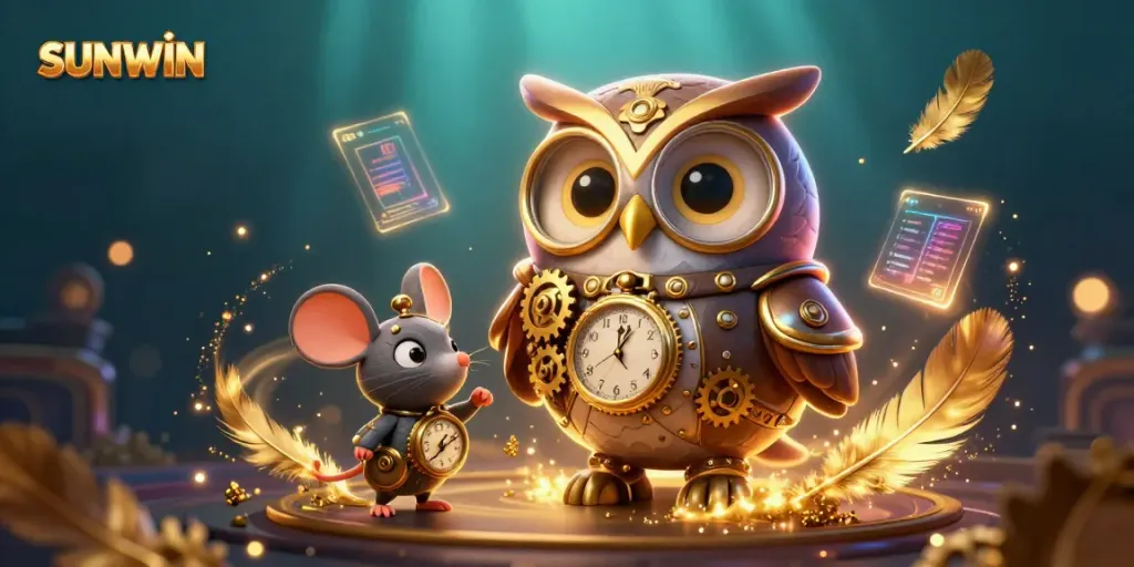 SUNWIN showcases a dynamic 3D illustration featuring a steampunk owl and futuristic elements in a rich casino scene.