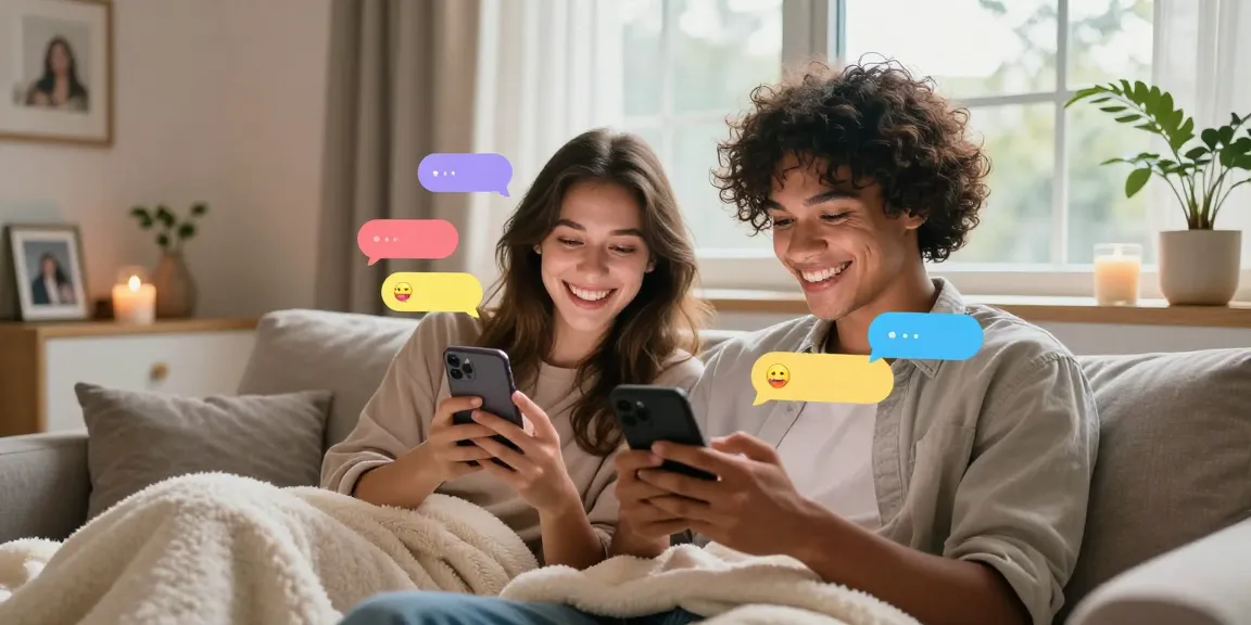 Engaging couple enjoying ai sexting on smartphones in a cozy setting.