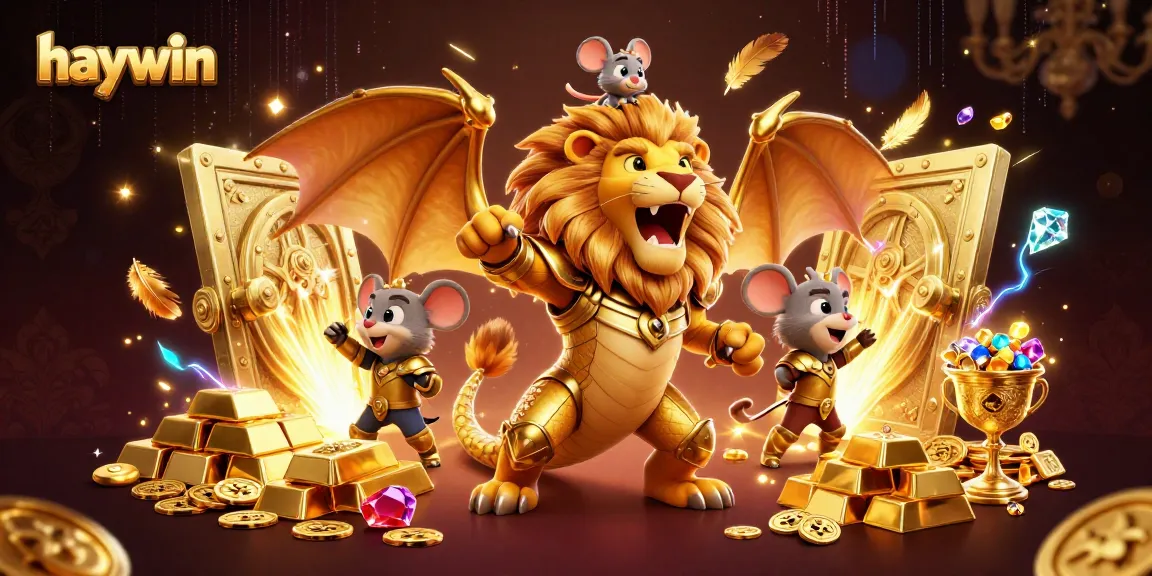 Engage in thrilling gameplay with Haywin's vibrant casino atmosphere featuring a roaring chimera and treasure elements.