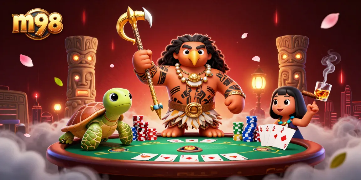 Experience thrilling gameplay with m98, featuring a demigod and poker elements in a vibrant casino scene.