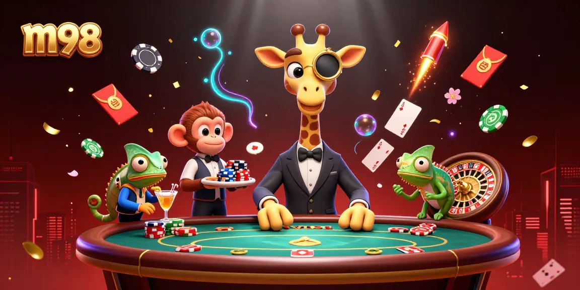 Experience thrilling m98 casino action with vibrant characters and immersive elements in this 3D illustration.