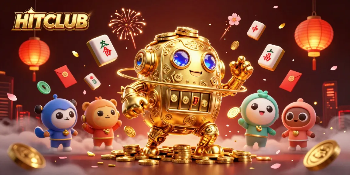 Experience thrilling gaming with HITCLUB's animated golden golem amidst vibrant casino elements.