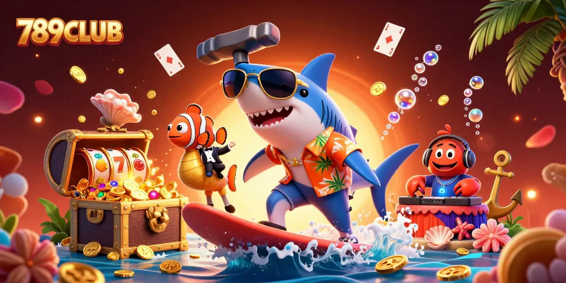 Engage with 789CLUB in a vibrant 3D casino world with a shark amidst golden coins and slot symbols.
